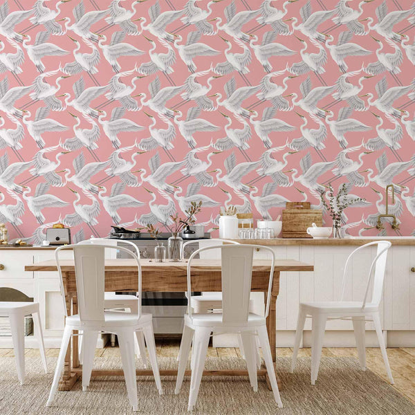 Tappezzeria murale - Pastel birds – a delicate pattern of white and grey herons on a light pink background