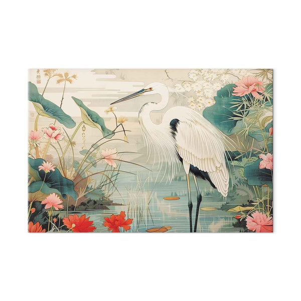 Quadro XXL - By an Asian pond - an illustration in the style of a Japanese engraving, depicting a heron