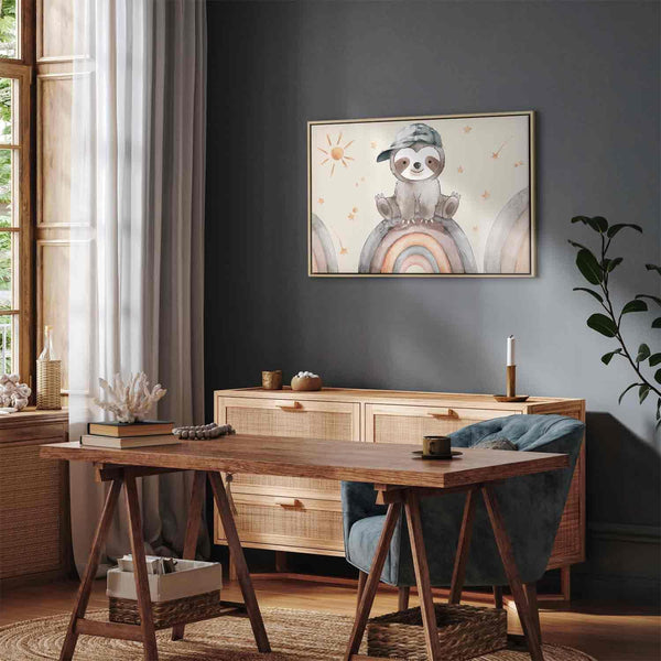 Quadro - Happy Sloth - Sloth in Subdued Colors Wearing a Cap Sitting on a Rainbow Among Little Stars