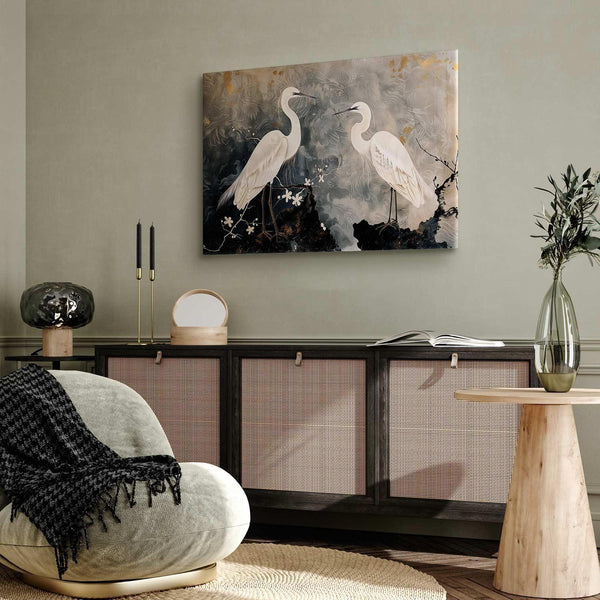 Quadro - Herons and cherry blossoms - oriental-style illustration depicting birds