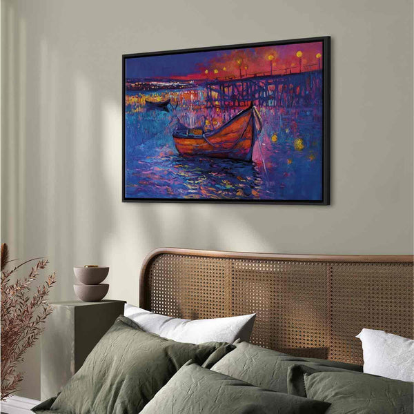 Quadro - Modern impressionism - night landscape of a lake with a floating boat