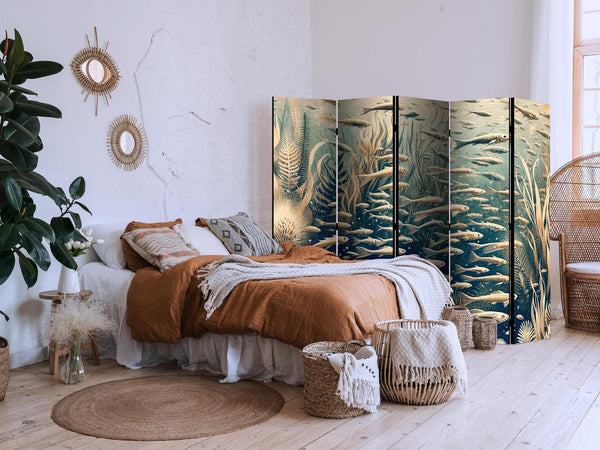 Paravento - Life in The Ocean - Underwater World of Fish And Vegetation in Beige And Navy Colors in Retro Style