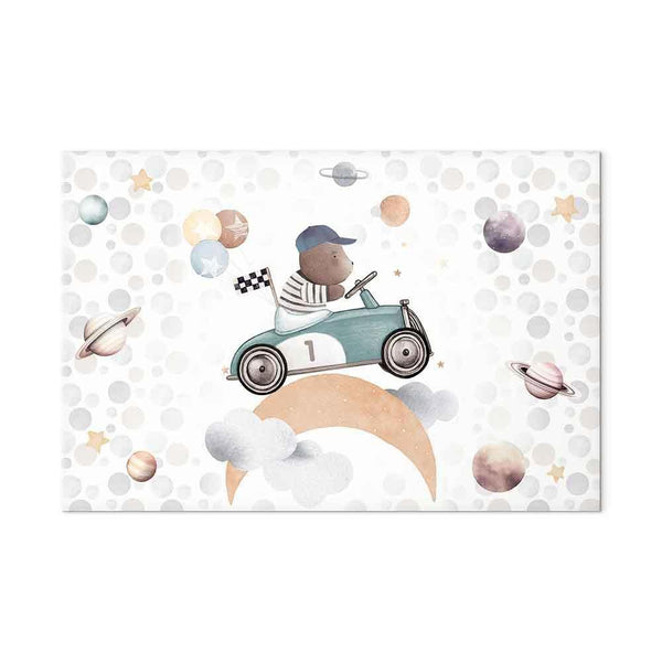 Quadro - Galactic Races - A Bear Participating in Car Races Among Planets Clouds and Stars in Pastel Hues