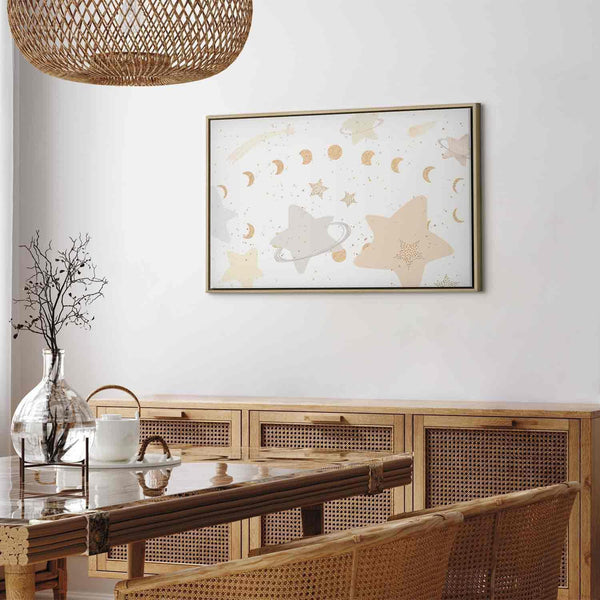 Quadro - Fairy-Tale Galaxy - Phases of the Moon in Yellow Tones Among Stars in Beige and Ash Colors with Stardust