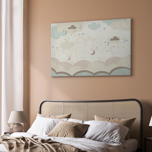 Quadro - Cloudy Night Sky - Moons in Brown and Beige Hues Among Clouds and Numerous Little Stars on a Light Background