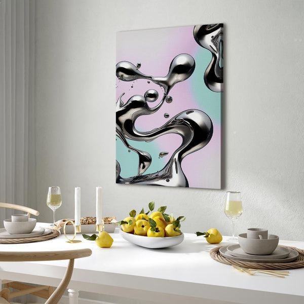 Quadro - Metallic Fluidity - Abstract Silver Forms on a Mint-Purple Background