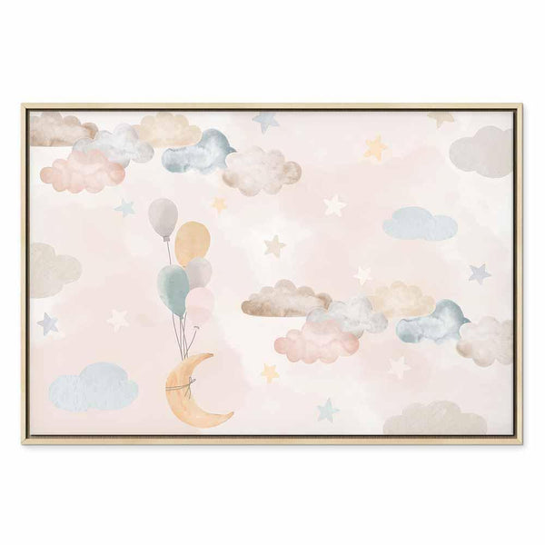 Quadro - Fairy-Tale Moon - Pastel Moon with Balloons Among Colorful Clouds and Stars in Subdued Colors on a Light Background