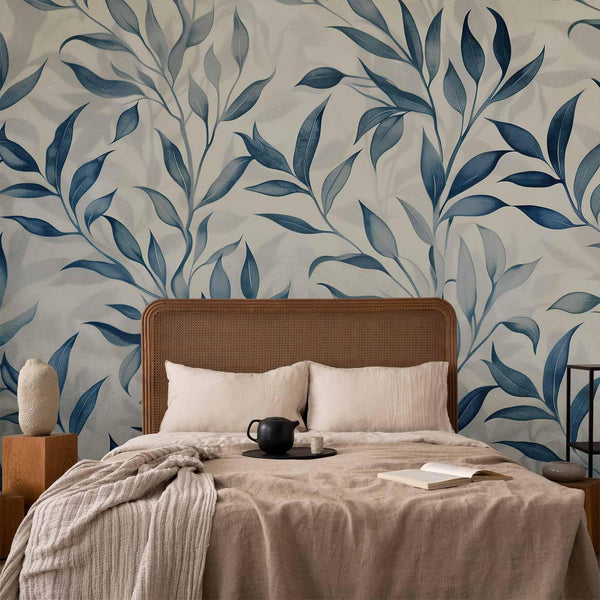 Carta da parati - Leaves in Blue Colors Delicate Botanical Motif