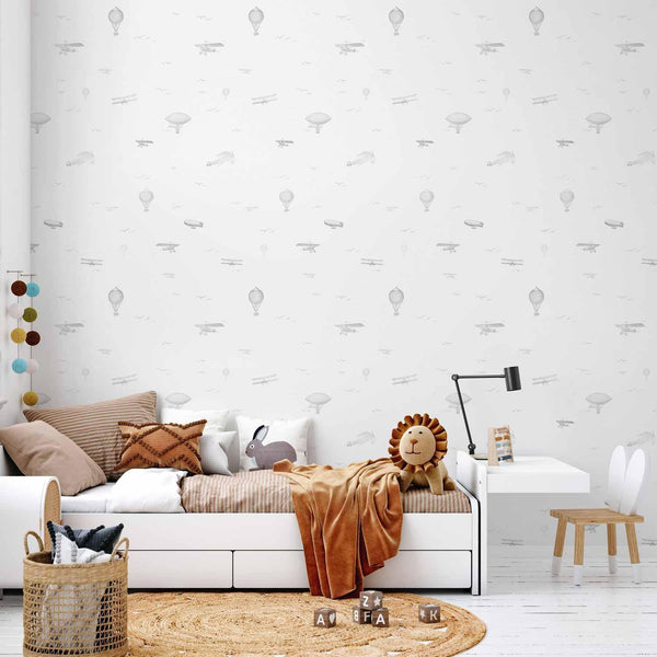 Tappezzeria murale - Drawing - Airplanes - balloons - and airships against a sky full of birds