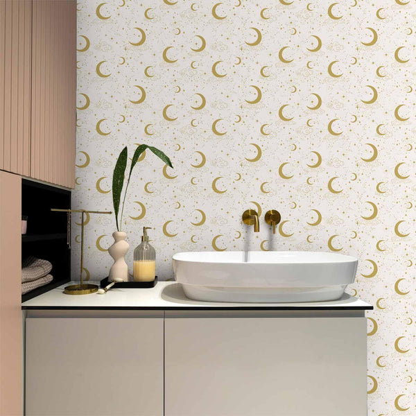 Tappezzeria murale - Moonlit Nights - Delicate Moons and Clouds in a Warm Tone