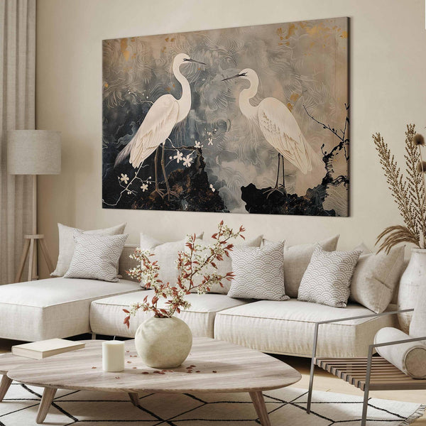 Quadro XXL - Herons and cherry blossoms - oriental-style illustration depicting birds