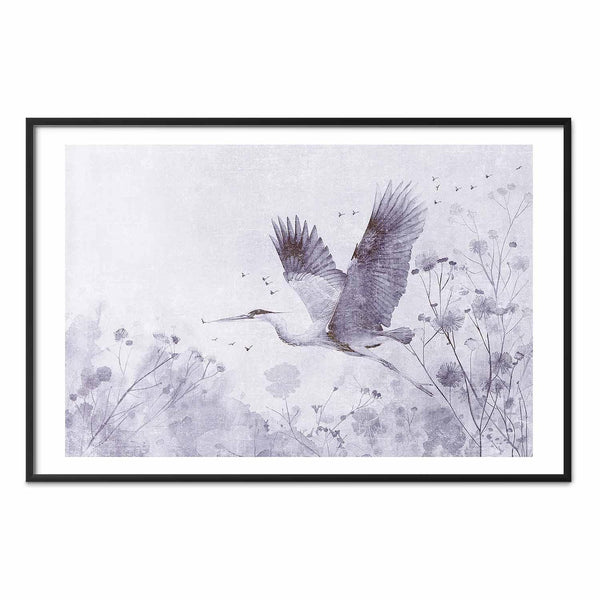 Poster - Majestic Flight - crane in flight in a monochromatic, cool color palette