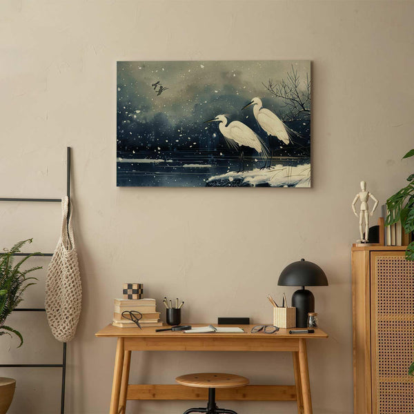Quadro - Herons over a winter pond - Japanese-style illustration in dark colours