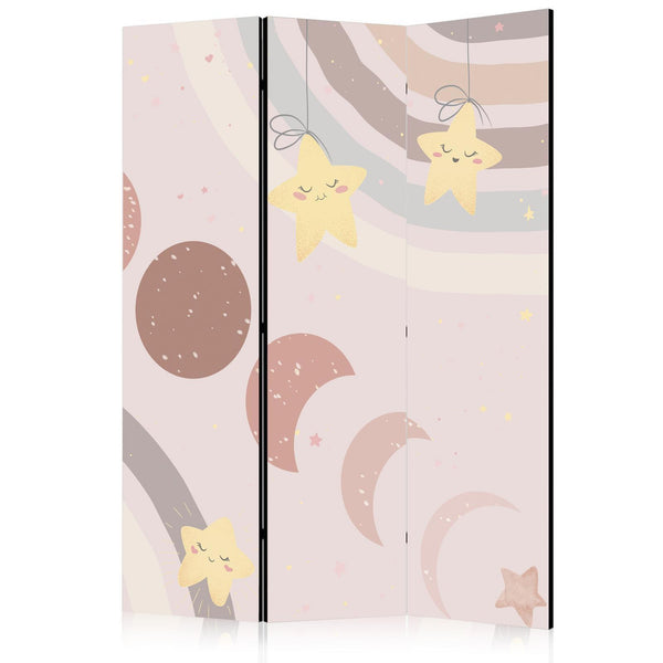 Paravento - Joyful Sky - Yellow Cheerful Stars with a Rainbow Against the Phases of the Moon - in the Sky Colored Light Beige