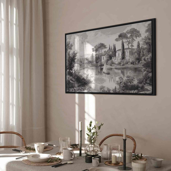 Quadro - Black and White Vintage Landscape Retro View of a Pond with a Boat