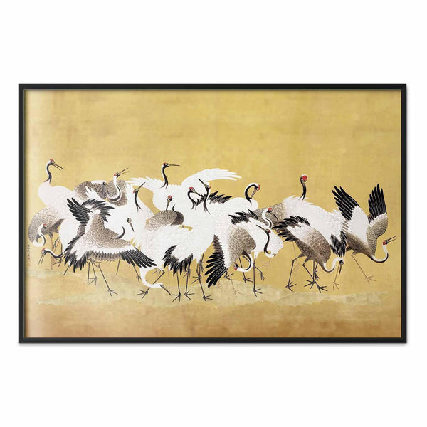 Poster - Japanese Cranes - a flock of birds against a golden background based on the painting of Ishida Yūtei