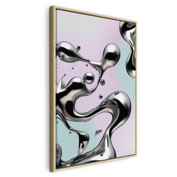 Quadro - Metallic Fluidity - Abstract Silver Forms on a Mint-Purple Background