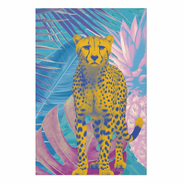 Poster - Exotic Leopard - colorful portrait of a cheetah against tropical leaves