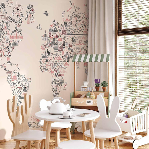 Carta da parati - Map With Icons - Cartoon Representation of the World in Pastel Colours