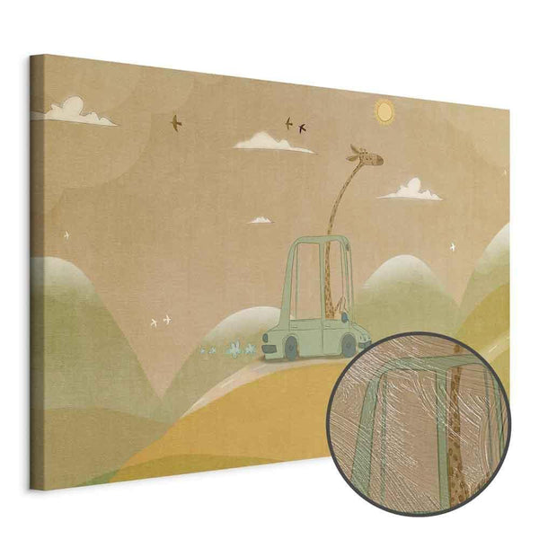 Quadro - Dreamy Traveler - A Cheerful Giraffe Driving a Car on a Sunny Day