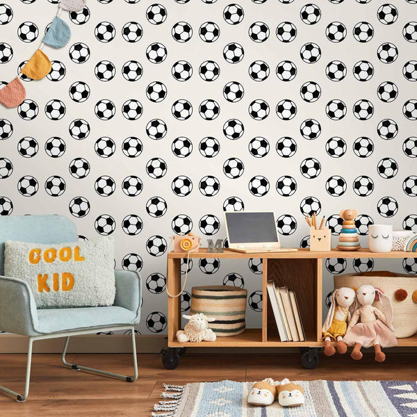 Tappezzeria murale - Soccer - Symmetrical black-and-white soccer balls on a beige background