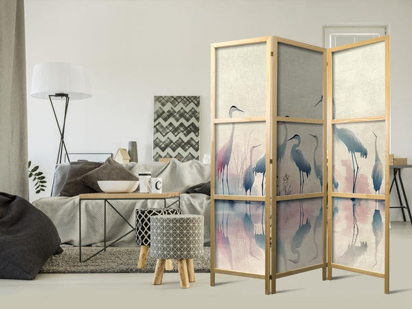 Paravento giapponese - Birds by the lake – herons painted in watercolours in delicate grey and pink colours