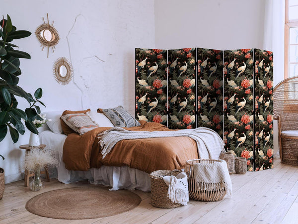 Paravento - Ornament with birds - silhouettes of cranes and peony flowers on a dark background