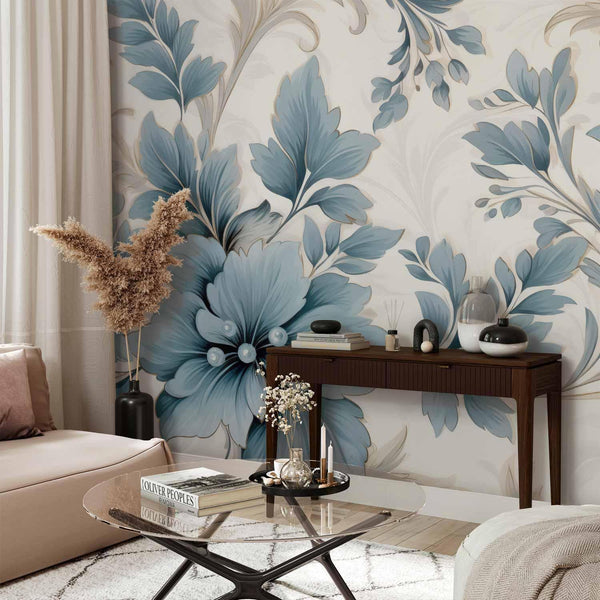 Carta da parati - Turquoise Flowers in Retro Ambience - Floristic Ornaments