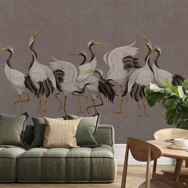 Carta da parati - Crane dance – bright silhouettes of birds against a warm grey background with texture