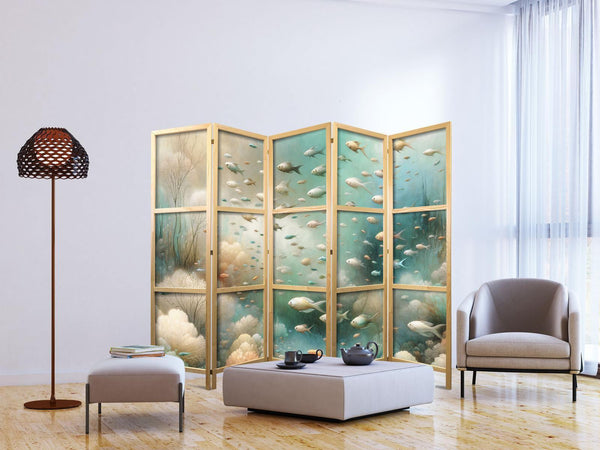 Paravento giapponese - Spectacular Underwater Landscape - Fish in the Underwater World in Colors of Turquoise Blue Beige and Delicate Orange