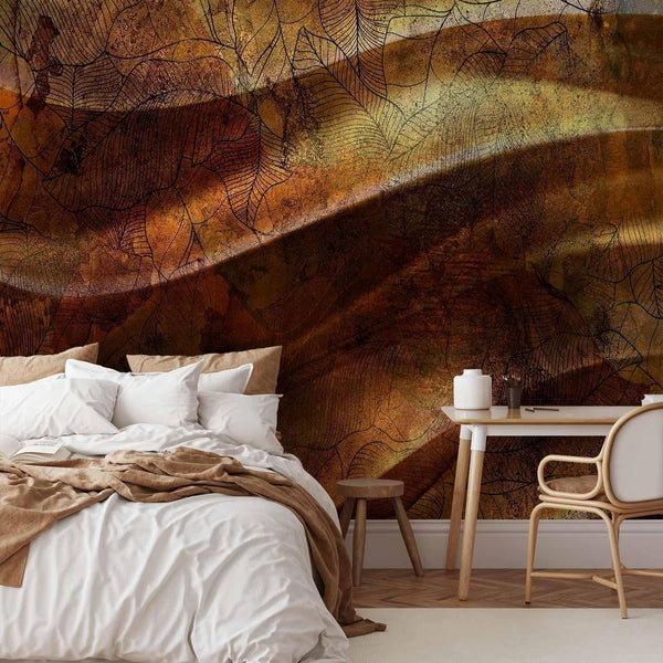 Carta da parati - Liquid gold - abstract wavy composition with leaf patterns