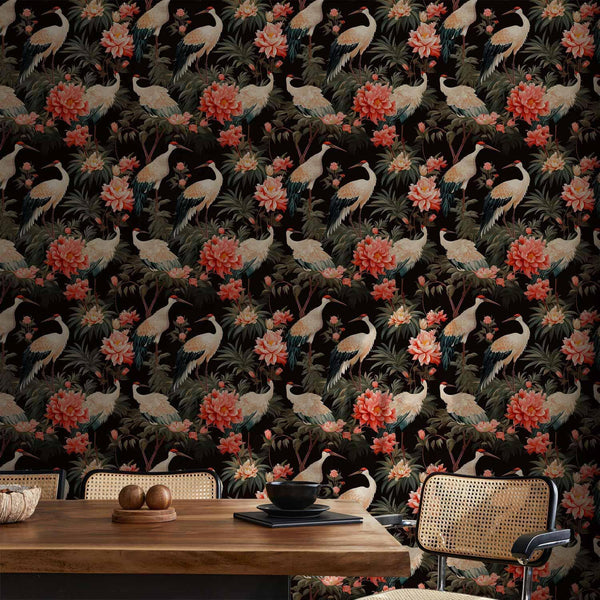 Tappezzeria murale - Ornament with birds - silhouettes of cranes and peony flowers on a dark background