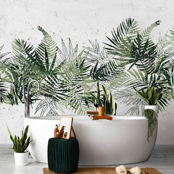 Carta da parati - Jungle and green plume - large tropical leaves on a white background