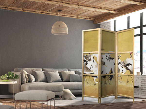 Paravento giapponese - Japanese cranes - a flock of birds against a golden background based on a painting by Ishida Yūtei
