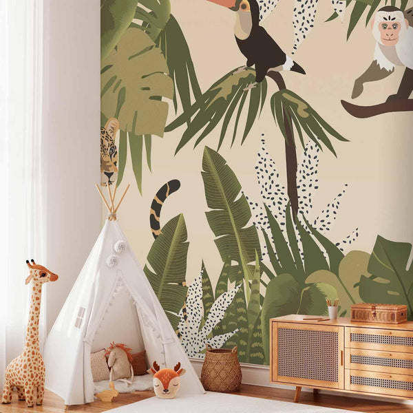 Carta da parati - Leaves and Shapes - Jungle in Faded Colours With Animals