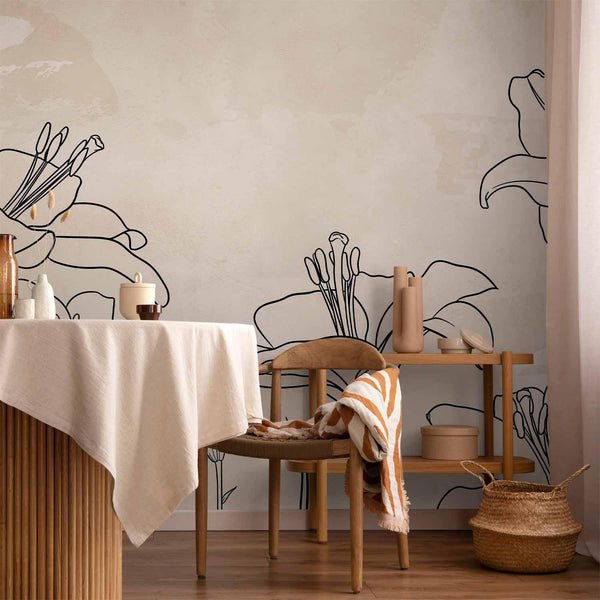 Carta da parati - Sketch of nature - minimalist lineart with lily flowers on a beige background