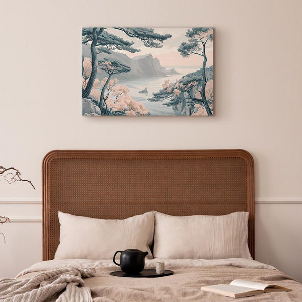 Quadro - Mountainous Coast with Trees and Rocks in Light Pastel Blues