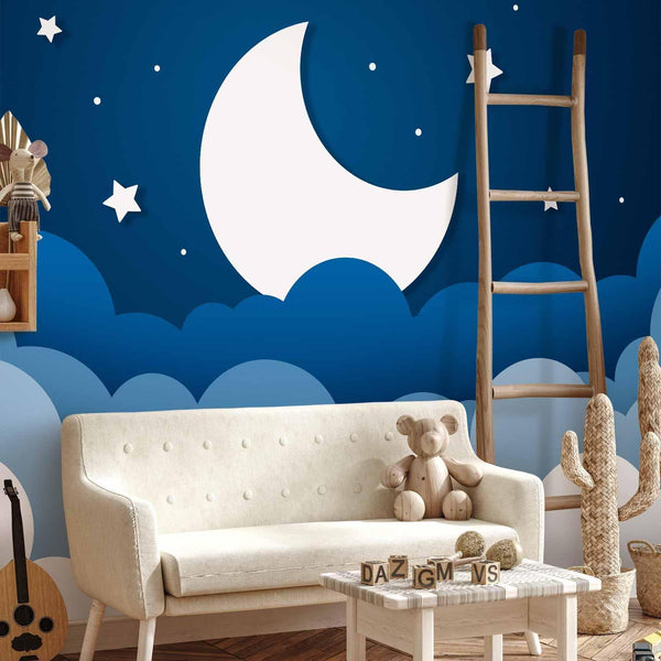 Carta da parati - Moon dream - clouds on a dark blue sky with stars for children