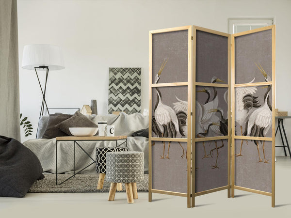 Paravento giapponese - Crane dance - bright silhouettes of birds on a warm grey background with texture