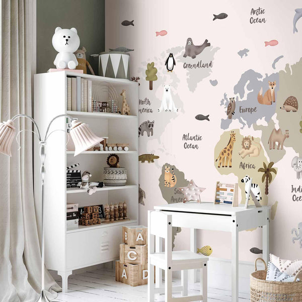 Carta da parati - Pastel Map - Animals and Continents for Children's Room