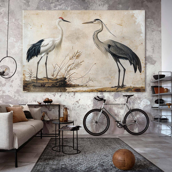 Quadro XXL - Birds from an old engraving - vintage-style illustration depicting a heron and a crane