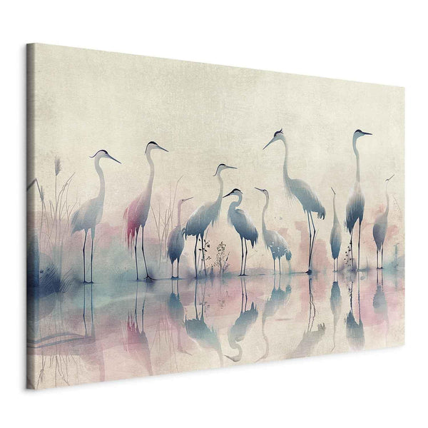 Quadro XXL - Birds by the lake - herons painted in watercolour in delicate grey and pink colours