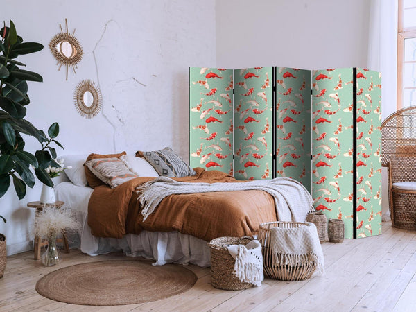 Paravento - Fish And Japanese Pattern - Koi Fish in Orange-Cream Colors on a Green-Mint Background With An Oriental Pattern