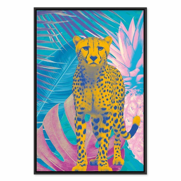Quadro - Exotic Leopard - Colorful Portrait of a Cheetah Against Tropical Leaves