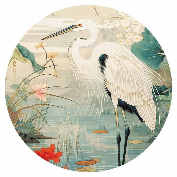Carta da parati rotondi - By an Asian pond - an illustration in the style of a Japanese engraving, depicting a heron
