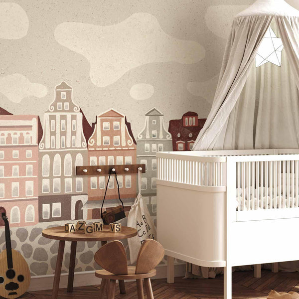 Carta da parati - Salt Square - Colorful Illustrated Townhouses Against a Cloudy Sky Background