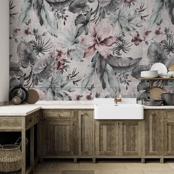 Carta da parati - Nature in retro style - landscape with leaves and flowers in grey tones