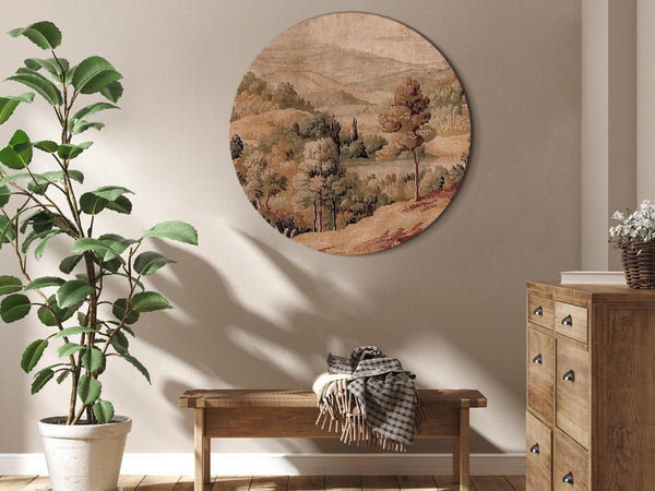 Quadro rotondo - Mediterranean landscape - old tapestry with a hill and a lake