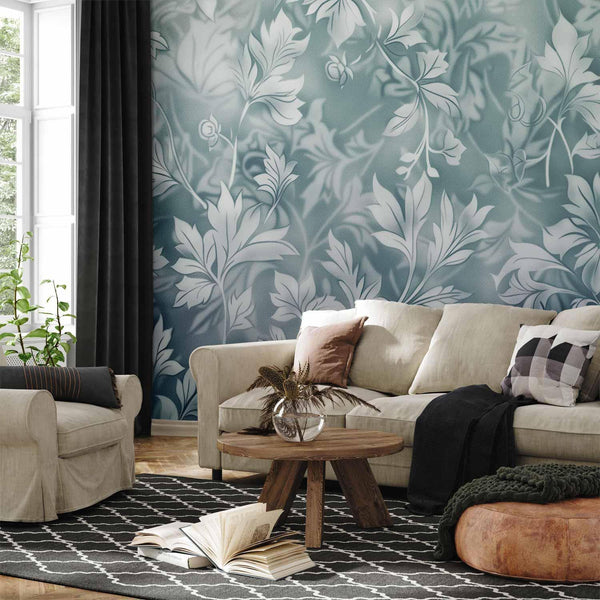 Carta da parati - Ornaments in Worn Muted Turquoises: Delicate Plant Pattern
