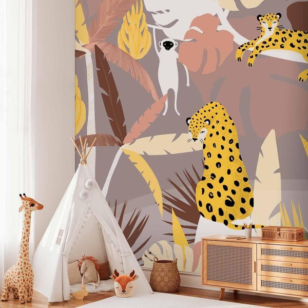 Carta da parati - Cheetahs in the jungle - landscape with exotic animals with palm trees for children